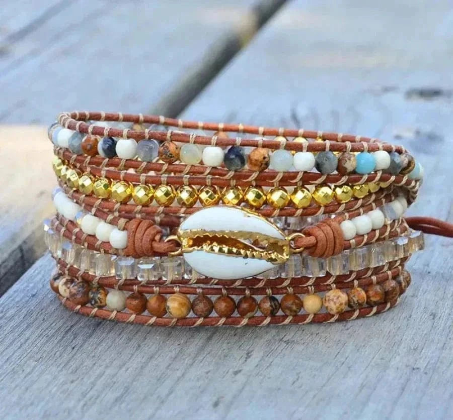 Natural Picture Jasper & Seashell Bead Wrap Bracelet
