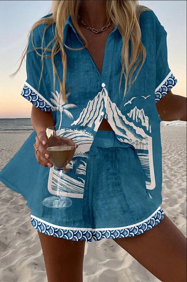 Virina™ | Mount Fuji print linen shorts set