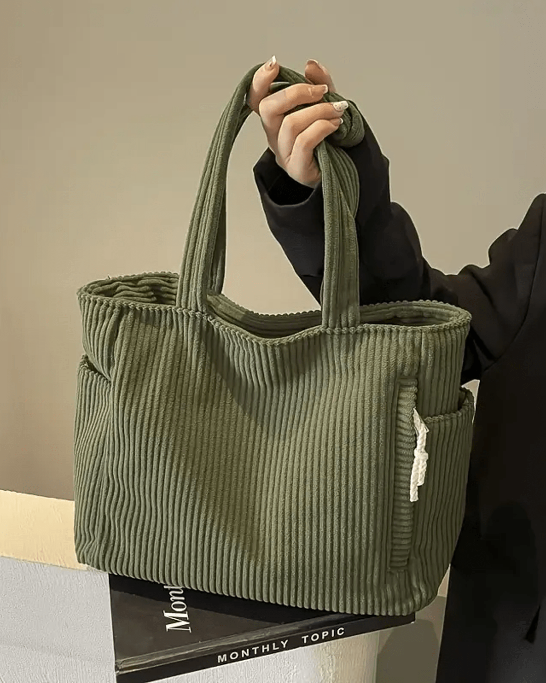 Tilda Ribbed Tote Bag with Drawstring Detail