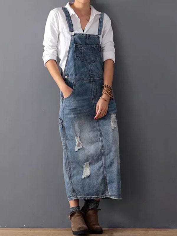Pinafore Dress Made from Distressed Denim with Back Slit