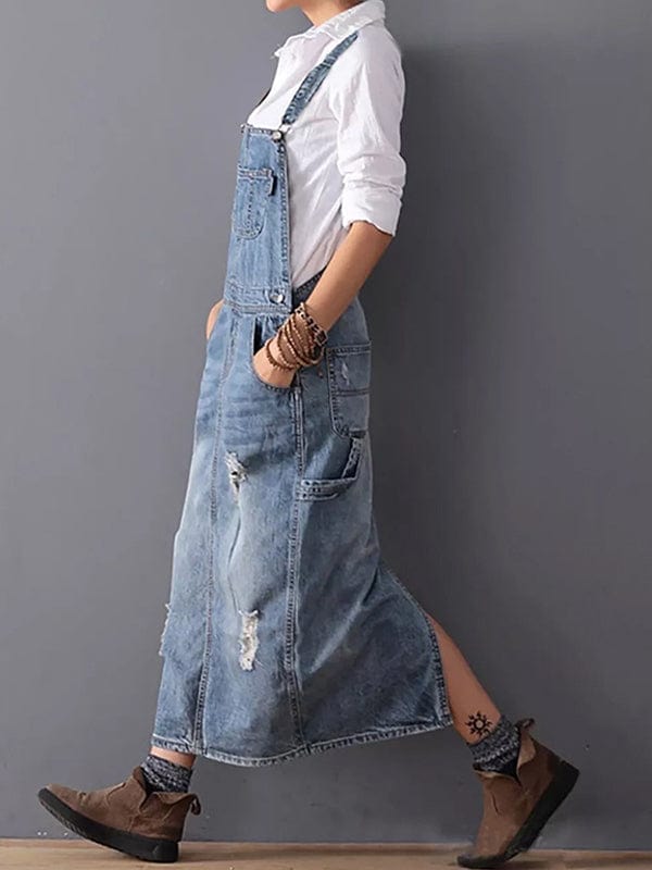 Pinafore Dress Made from Distressed Denim with Back Slit
