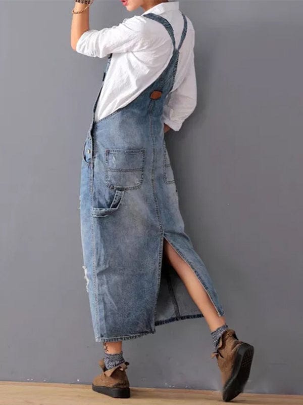 Pinafore Dress Made from Distressed Denim with Back Slit