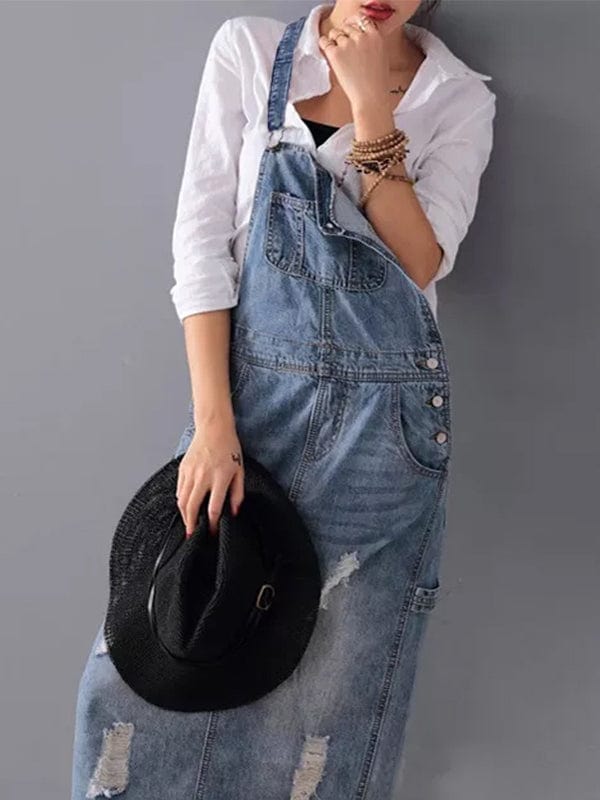 Pinafore Dress Made from Distressed Denim with Back Slit
