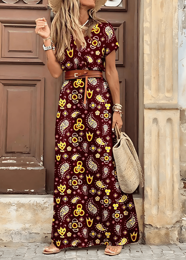 Bohemian Long Dress with Pleated Waist