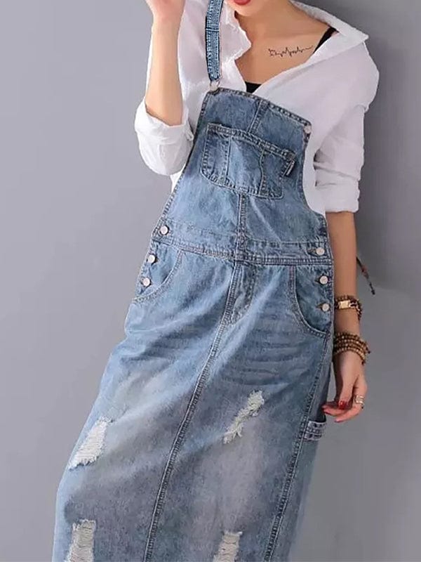 Pinafore Dress Made from Distressed Denim with Back Slit