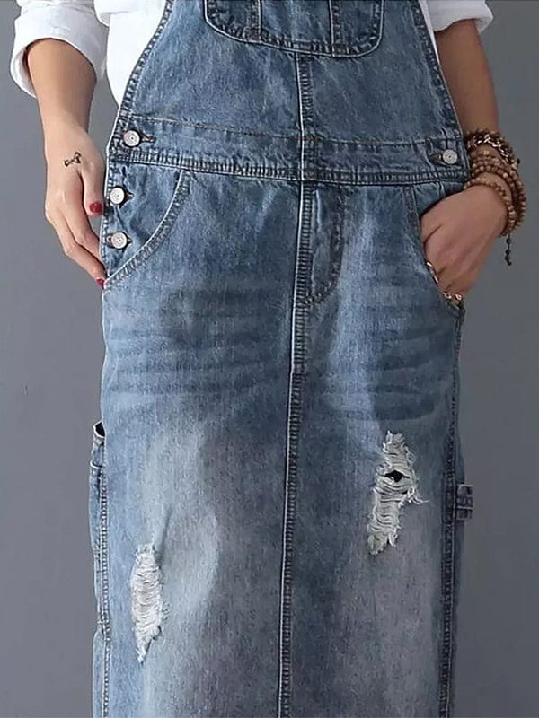 Pinafore Dress Made from Distressed Denim with Back Slit