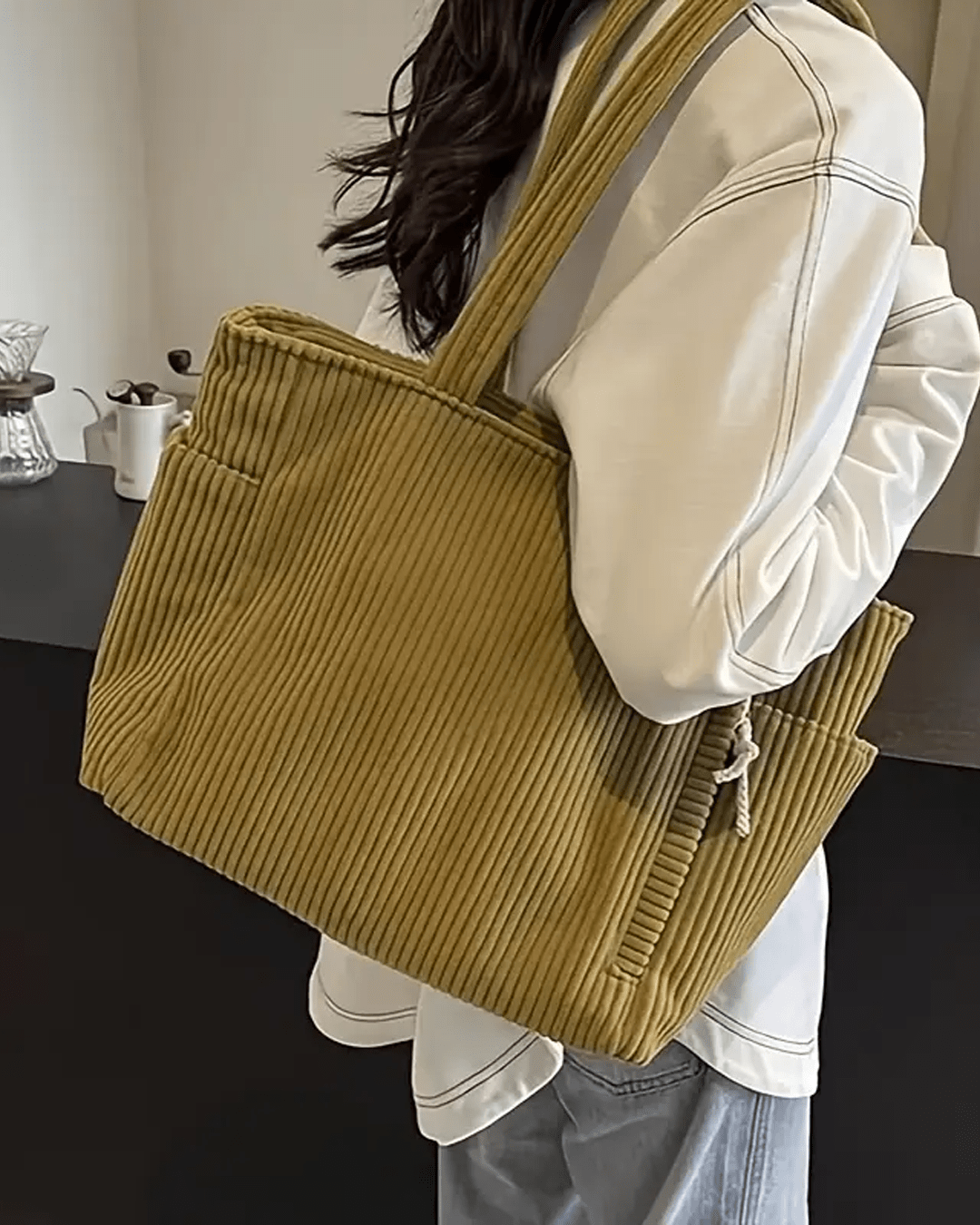Tilda Ribbed Tote Bag with Drawstring Detail