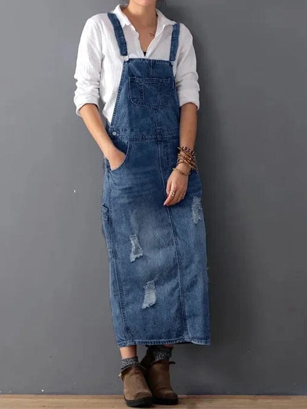 Pinafore Dress Made from Distressed Denim with Back Slit