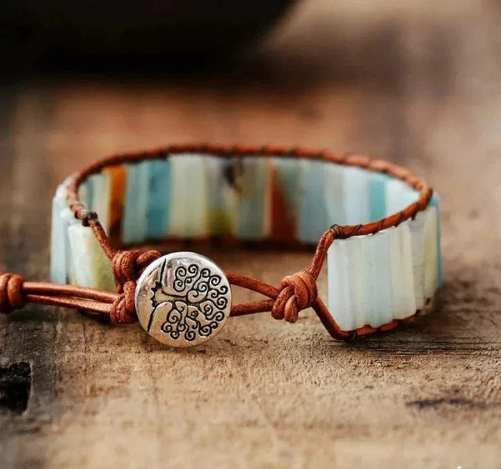 Natural Amazonite Stone & Leather Tree Of Life Bracelet