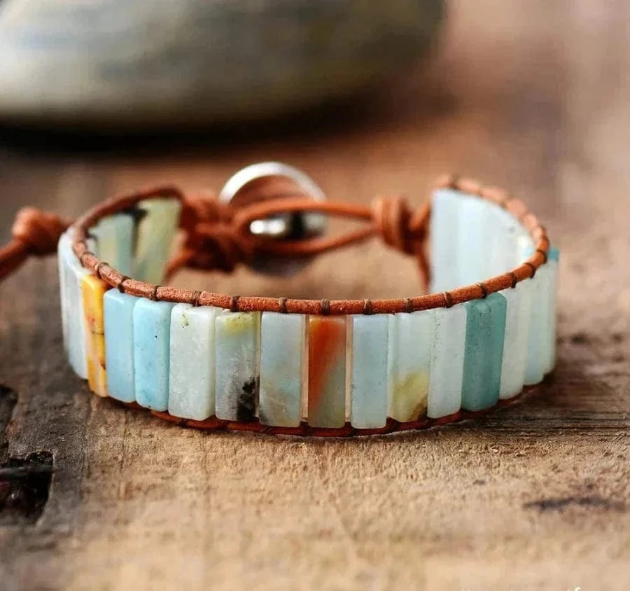 Natural Amazonite Stone & Leather Tree Of Life Bracelet