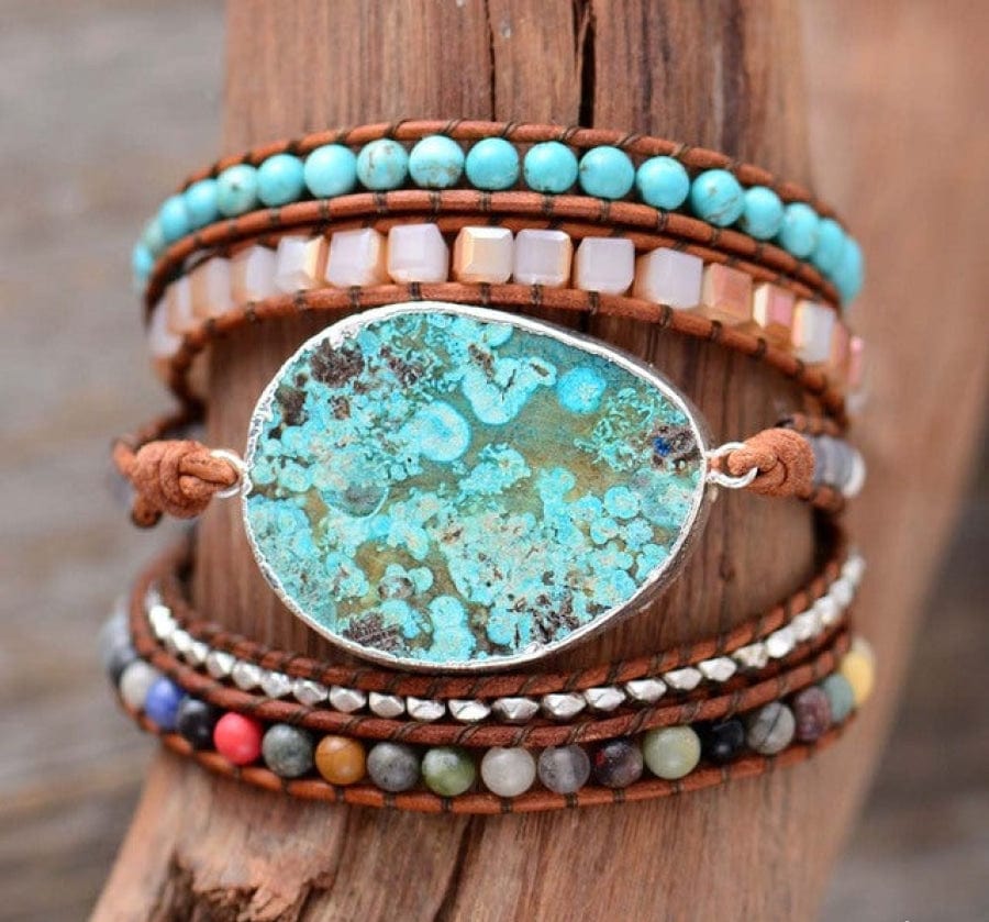 Handmade Natural Ocean Jasper Leather Wrap Bracelet