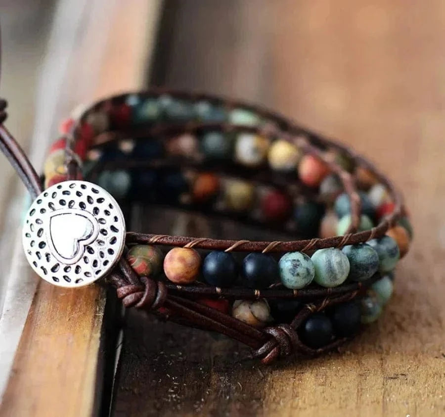 Natural Semi-Precious Gemstones "LOVE" Leather Wrap Bracelet