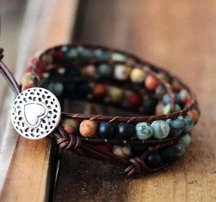 Natural Semi-Precious Gemstones "LOVE" Leather Wrap Bracelet