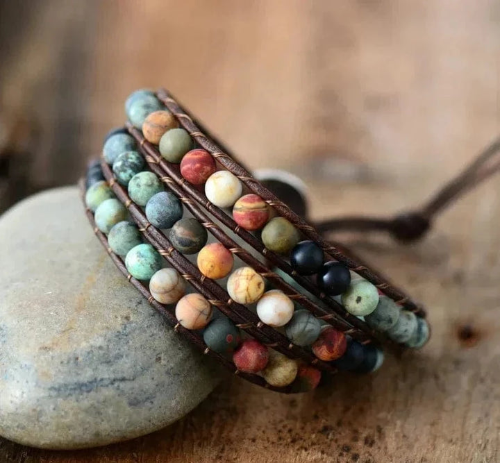 Natural Semi-Precious Gemstones "LOVE" Leather Wrap Bracelet