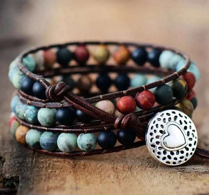 Natural Semi-Precious Gemstones "LOVE" Leather Wrap Bracelet