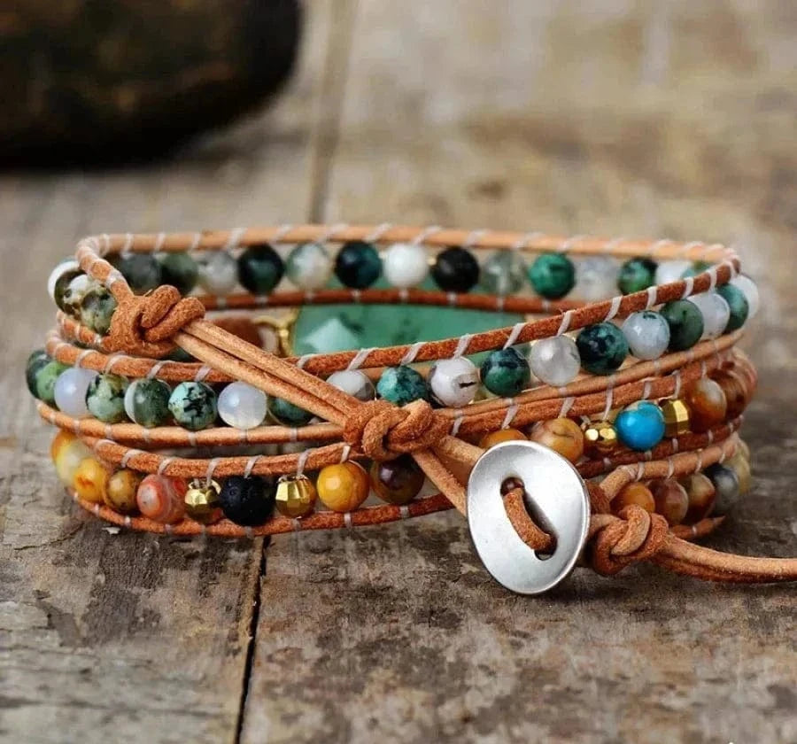 Natural Green Jade Jasper and Moss Agate Wrap Bracelet
