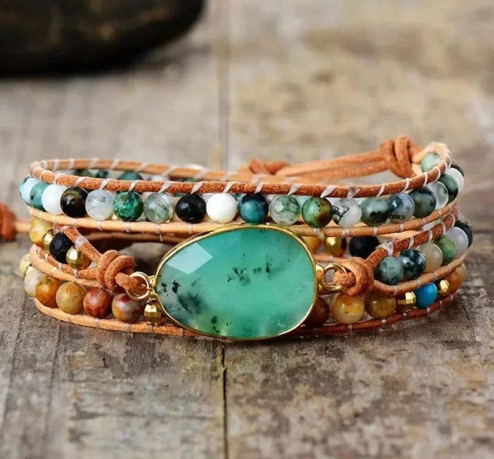 Natural Green Jade Jasper and Moss Agate Wrap Bracelet