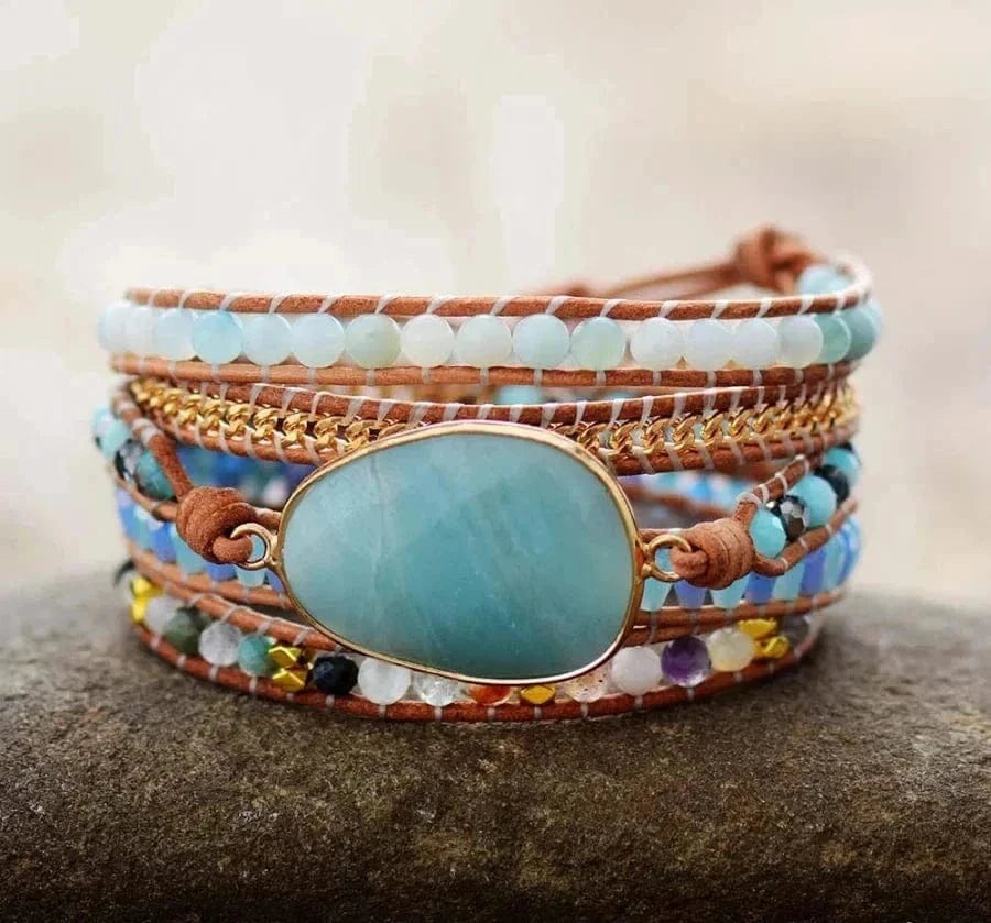 Natural Amazonite & Gold Chain Bead Wrap Bracelet