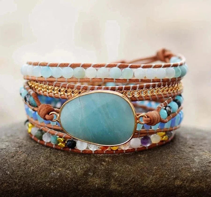 Natural Amazonite & Gold Chain Bead Wrap Bracelet