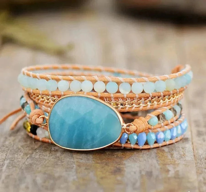 Natural Amazonite & Gold Chain Bead Wrap Bracelet