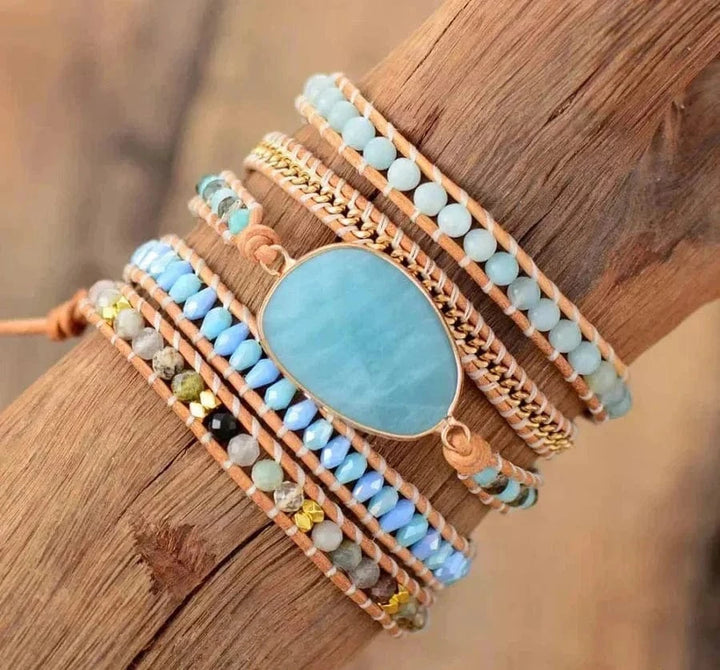 Natural Amazonite & Gold Chain Bead Wrap Bracelet