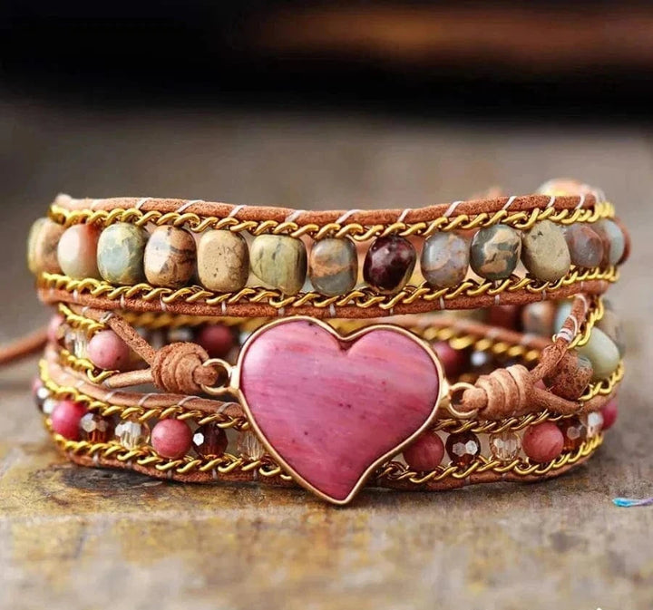 Natural Rhodonite & Jasper LOVE Wrap Bracelet