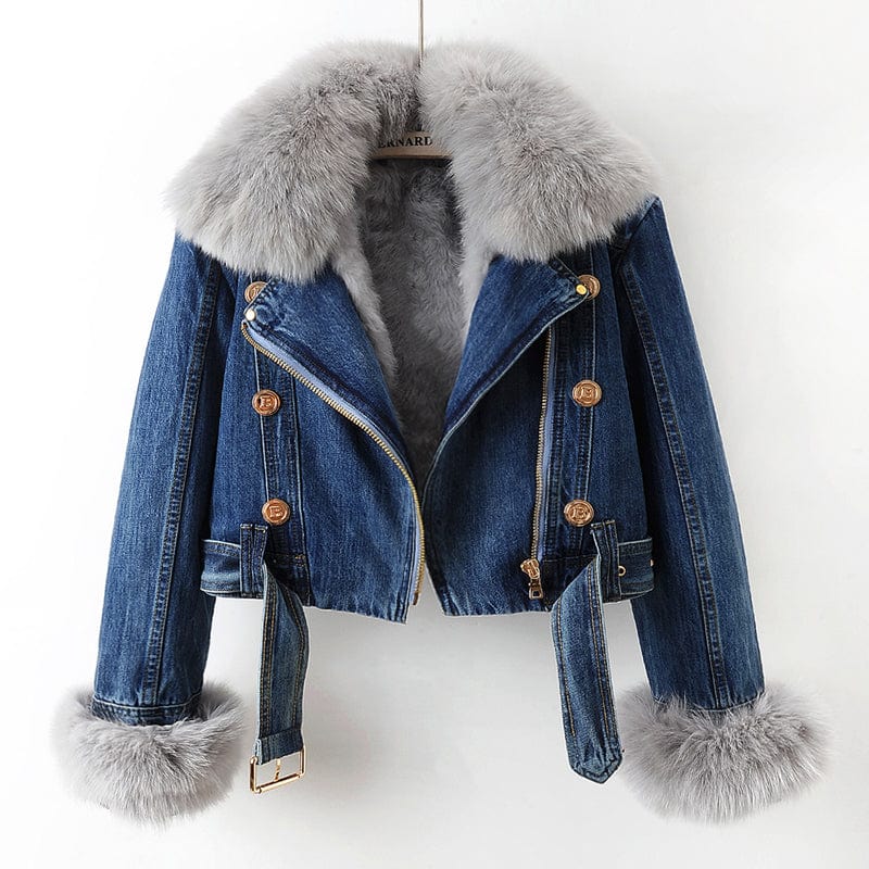 Elise Denim Moto Jacket with Fur