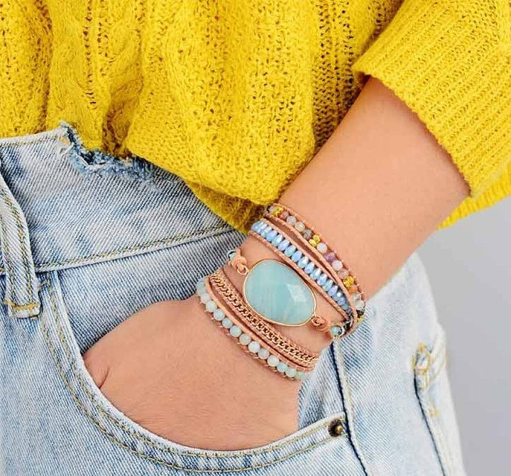 Natural Amazonite & Gold Chain Bead Wrap Bracelet