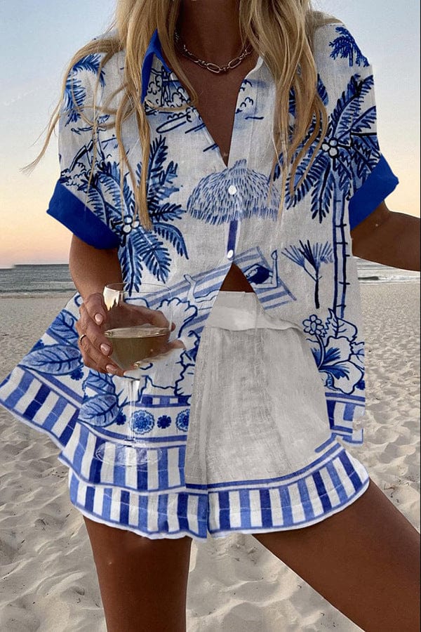Zanika™ | Palm print linen shorts set