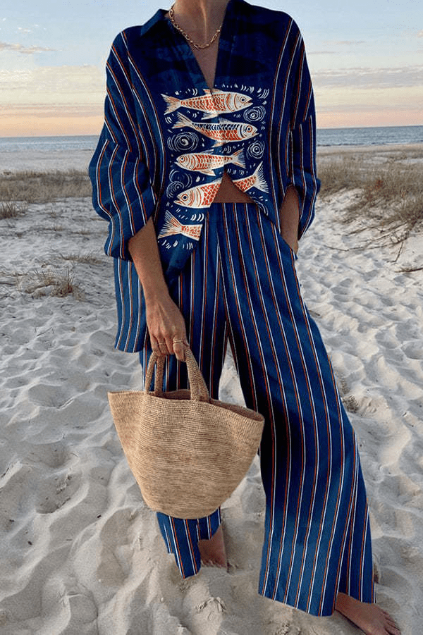 Zairine™ | Blue Koi print linen set