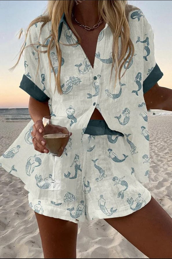 Jalira™ | Mermaid print linen shorts set