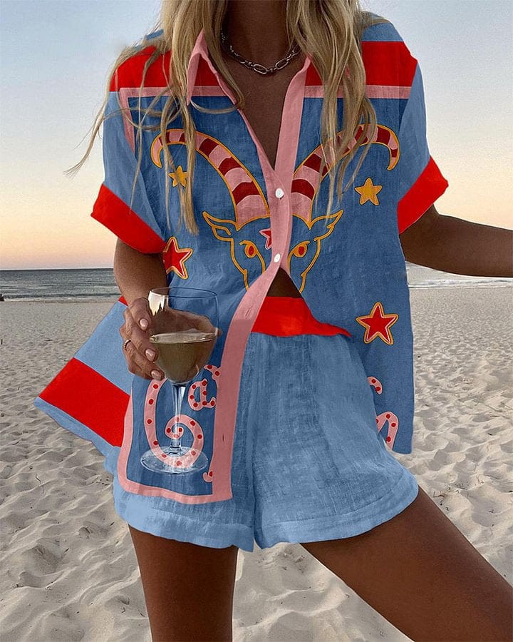 Jorelle™ | Goat print linen shorts set