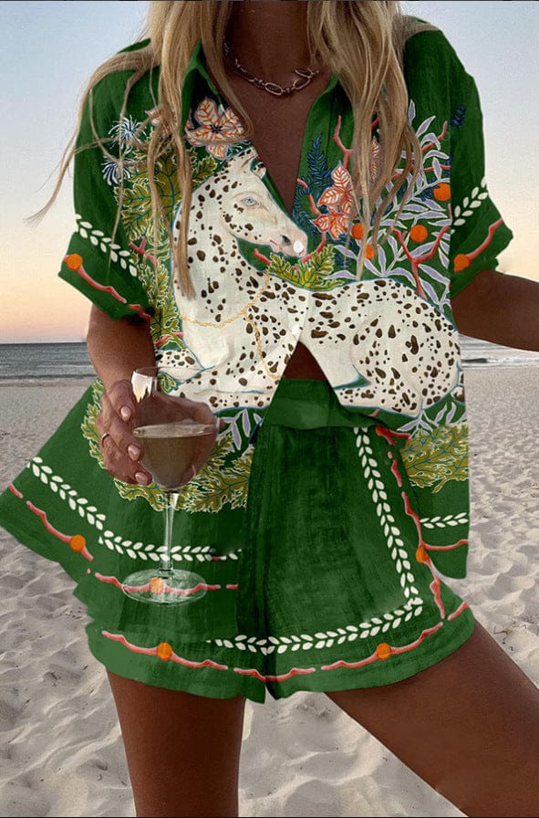 Céphira™ | Horse print linen shorts set