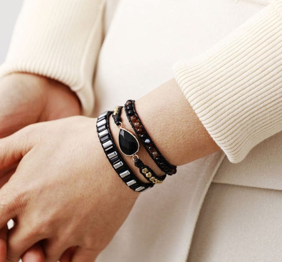 Natural Black Onyx Teardrop Wrap Bracelet