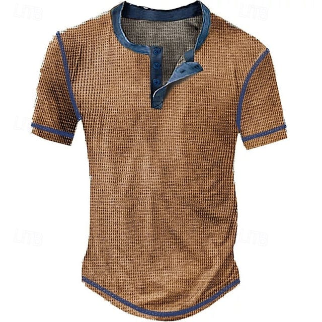 Men's Waffle Henley Shirt Tee Short Sleeve Plaid Checkered Fashion Designer Comfortable Buttons Henley Outdoor Casual Daily Summer Black White Yellow Henley T-Shirt