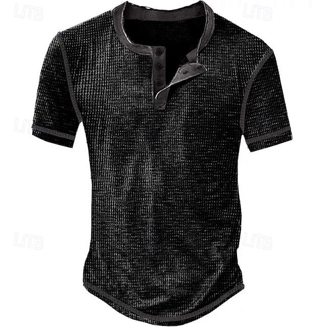 Men's Waffle Henley Shirt Tee Short Sleeve Plaid Checkered Fashion Designer Comfortable Buttons Henley Outdoor Casual Daily Summer Black White Yellow Henley T-Shirt