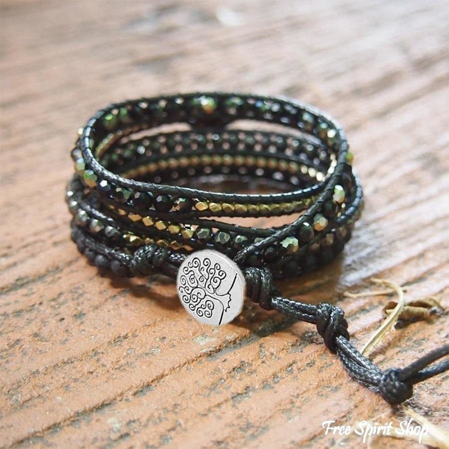 Handmade Natural Black Lava Stone & Hematite Gemstone Wrap Bracelet