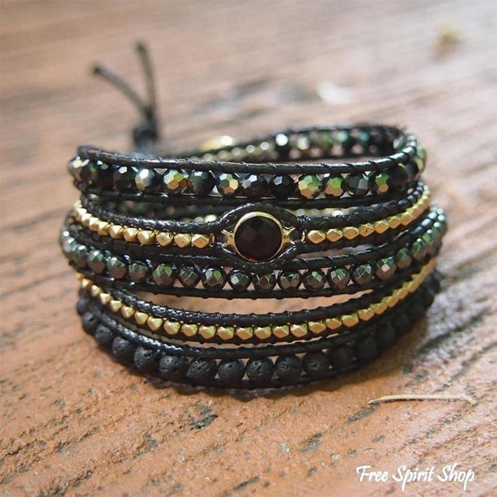 Handmade Natural Black Lava Stone & Hematite Gemstone Wrap Bracelet