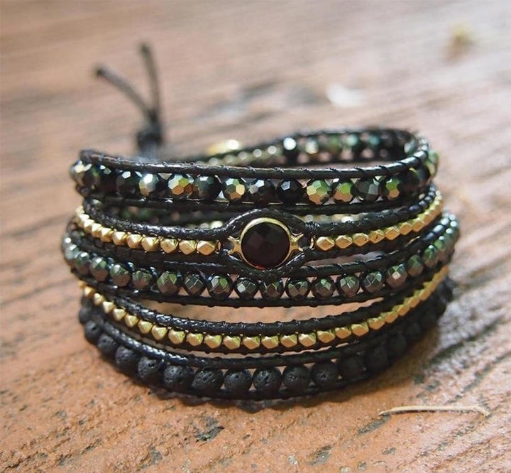 Natural Black Lava Stone & Hematite Gemstone Wrap Bracelet