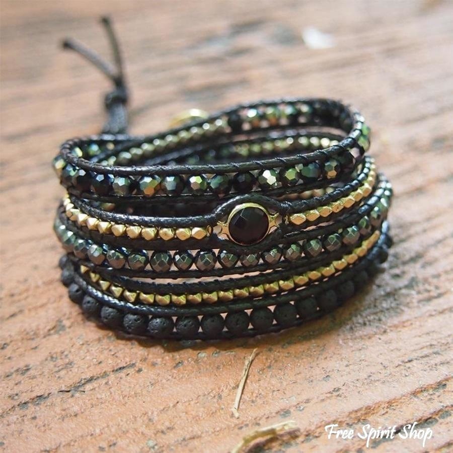Handmade Natural Black Lava Stone & Hematite Gemstone Wrap Bracelet