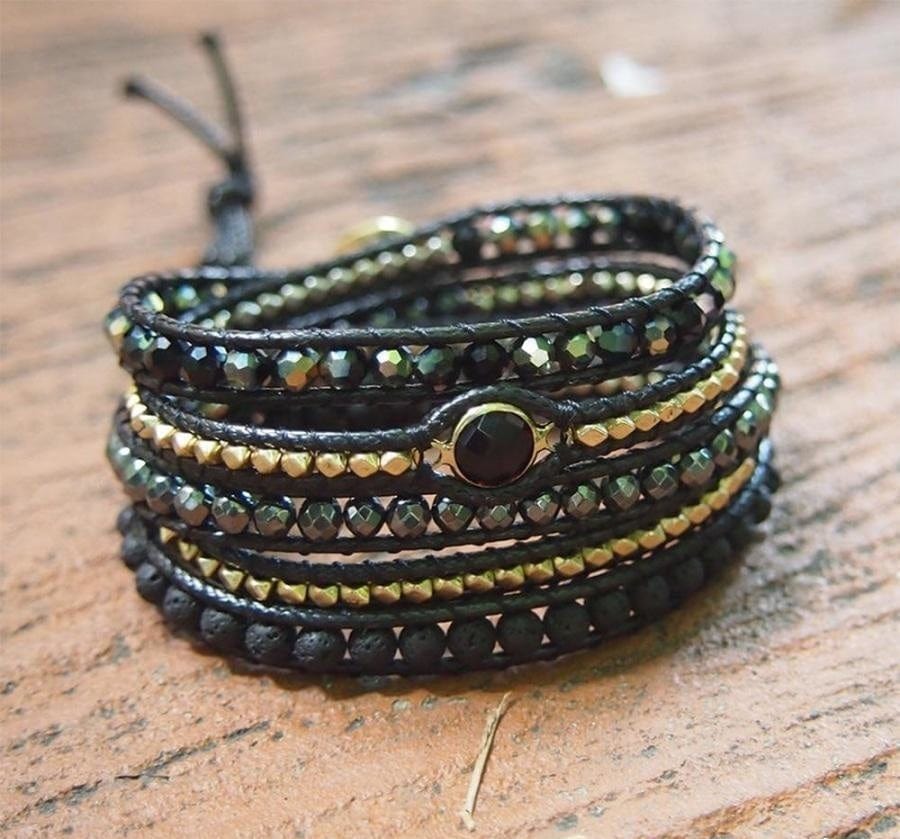 Natural Black Lava Stone & Hematite Gemstone Wrap Bracelet