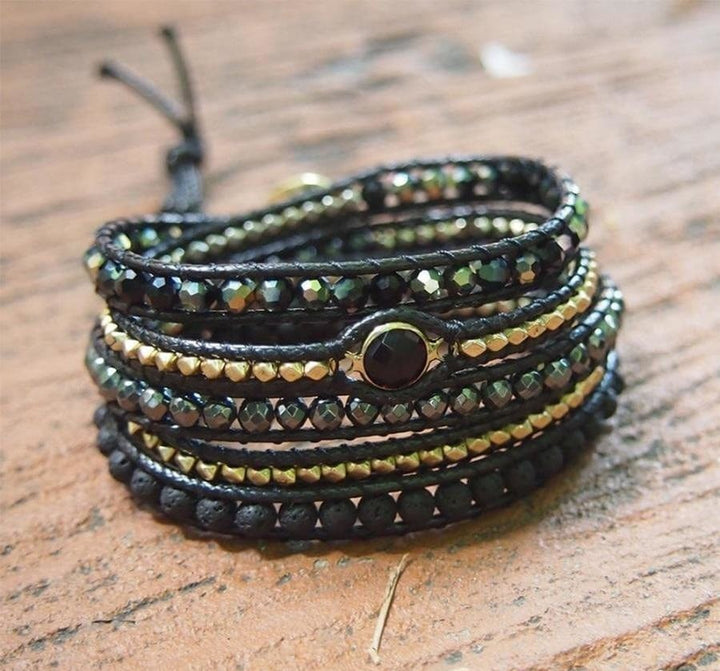 Natural Black Lava Stone & Hematite Gemstone Wrap Bracelet