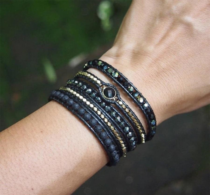 Natural Black Lava Stone & Hematite Gemstone Wrap Bracelet