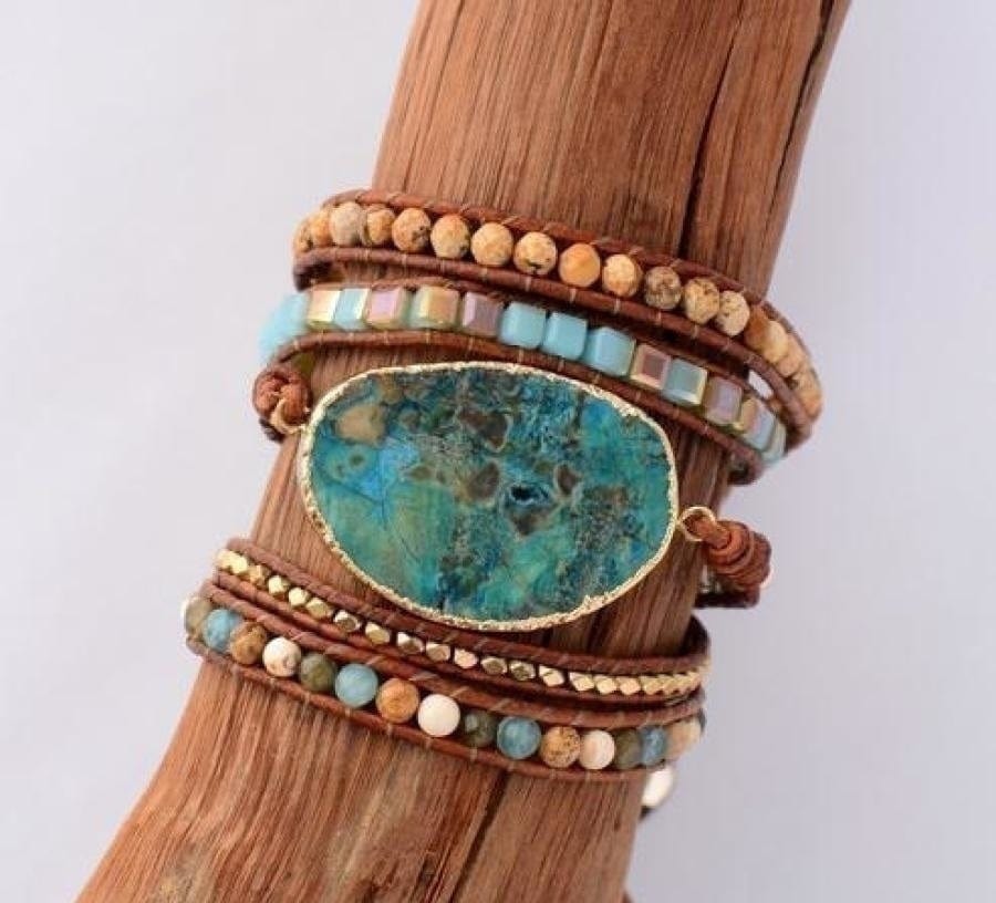Handmade Natural Ocean Jasper Leather Wrap Bracelet