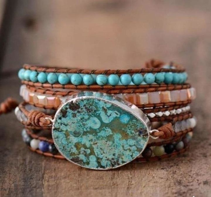 Handmade Natural Ocean Jasper Leather Wrap Bracelet