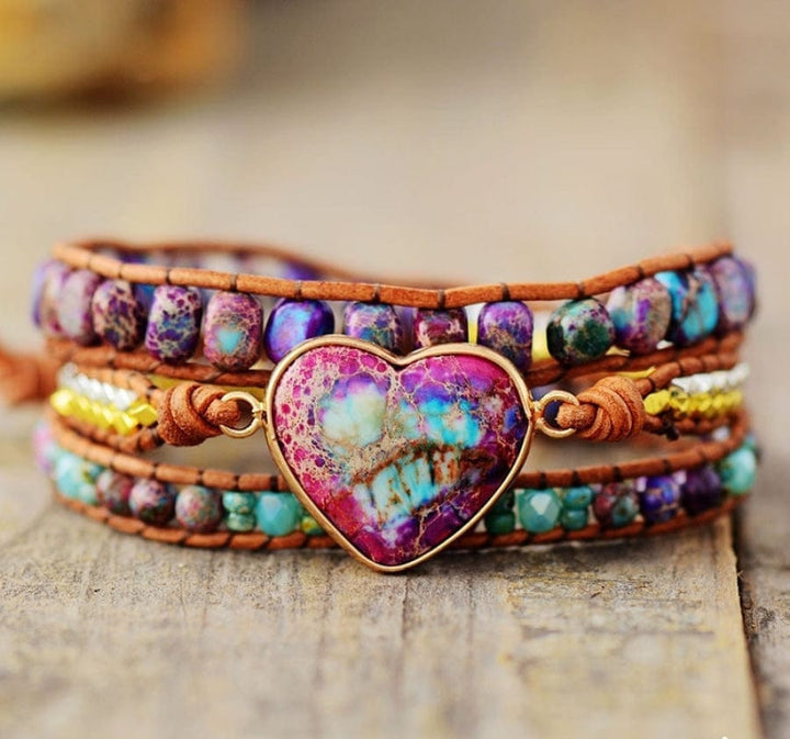 Handmade Purple & Turquoise Jasper Heart Wrap Bracelet