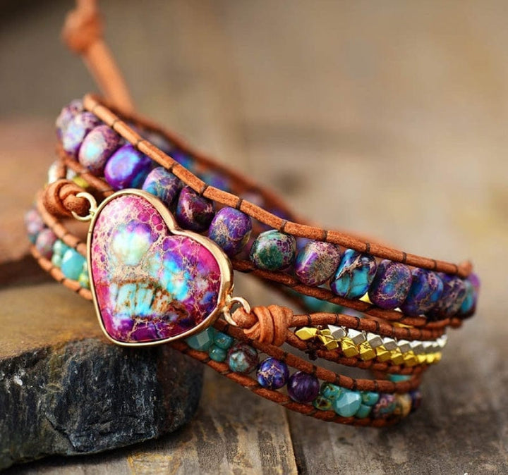 Handmade Purple & Turquoise Jasper Heart Wrap Bracelet