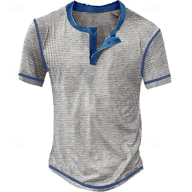 Men's Waffle Henley Shirt Tee Short Sleeve Plaid Checkered Fashion Designer Comfortable Buttons Henley Outdoor Casual Daily Summer Black White Yellow Henley T-Shirt