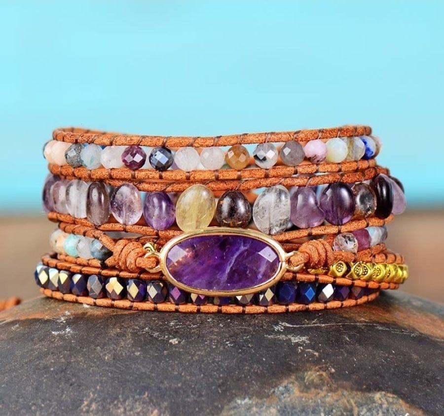 Natural Fluorite & Amethyst Crystal Wrap Bracelet