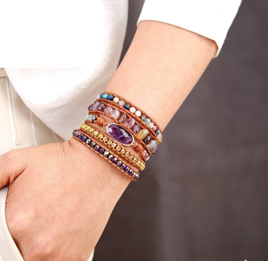 Natural Fluorite & Amethyst Crystal Wrap Bracelet